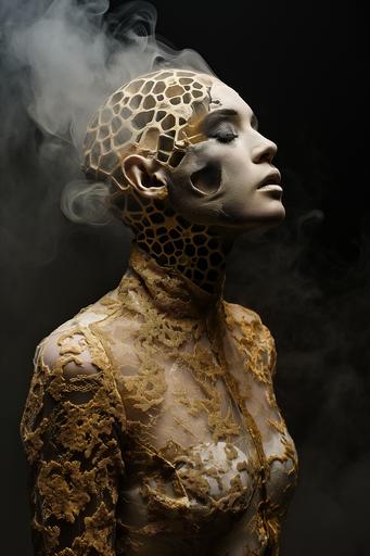 cloudy smoked feminine alien, infused toxic honeycomb brain, intricate luxury gold blouse --ar 2:3 --v 6.0