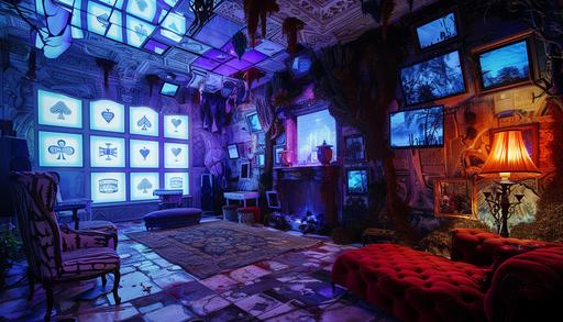 A room that represents the color tiles in playing cards. A room full of AI screens, immersive room in the Alice in Wonderland movie. Nature atmosphere in Alice in Wonderland. Excessive decorations. A fantastic setting for a L'Oréal brand event --ar 7:4 --v 6.0