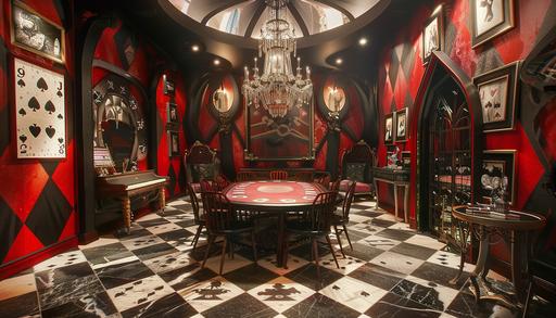 A room that represents the suit Spades in playing cards. A gaming room with games, swords and the Jabberwocky in the Alice in Wonderland film. A fantastic setting for a L'Oréal brand event --ar 7:4 --v 6.0