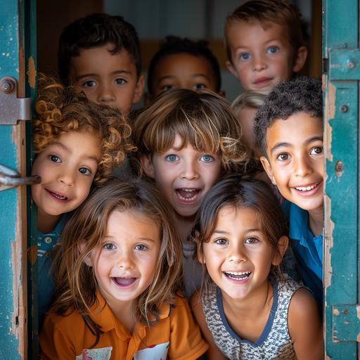 12 Children huddle near the classroom door, open it a little and peek in. Their looks are happy, excited, a very WOW feeling, modern style, year 2020 --s 250 --v 6.0
