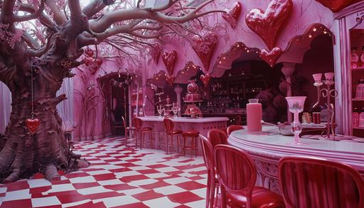 Nature atmosphere in Alice in Wonderland. A room that represents the heart color in playing cards. A pink, romantic, fantastic room with stands to create your elixir. A fantastic setting for a L'Oréal brand event --ar 7:4 --v 6.0