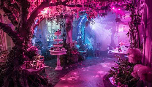 Nature atmosphere in Alice in Wonderland. A room that represents the heart color in playing cards. A pink, romantic, fantastic room with stands to create your elixir. A fantastic setting for a L'Oréal brand event --ar 7:4 --v 6.0