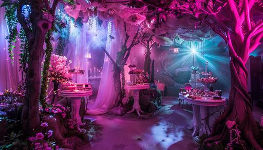 Nature atmosphere in Alice in Wonderland. A room that represents the heart color in playing cards. A pink, romantic, fantastic room with stands to create your elixir. A fantastic setting for a L'Oréal brand event --ar 7:4 --v 6.0