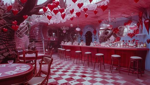 Nature atmosphere in Alice in Wonderland. A room that represents the heart color in playing cards. A pink, romantic, fantastic room with stands to create your elixir. A fantastic setting for a L'Oréal brand event --ar 7:4 --v 6.0