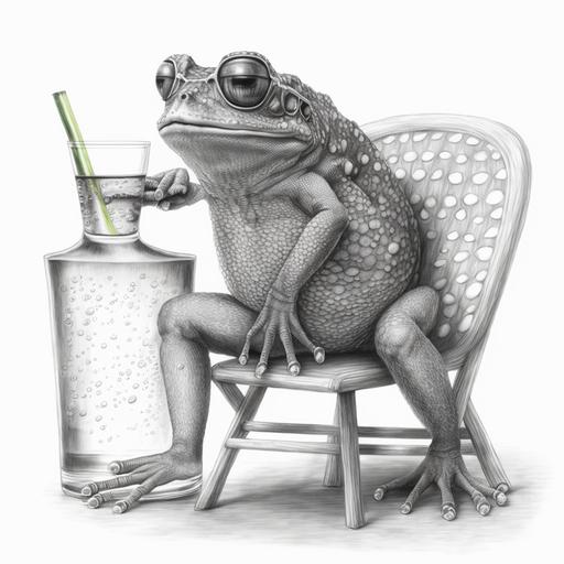 a detailed pencil black and white drawing of a toad leaning on a chair sunbathing with glasses and a colored lemonade on a white background