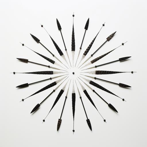 12 arrows directed from different points to the center of the picture, white background