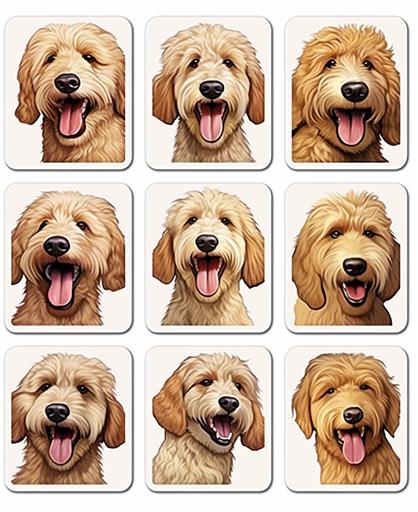 12 square stickers, smiling adult goldendoodle cartoon, various poses, square grid outline, square cutout, white background --ar 9:11