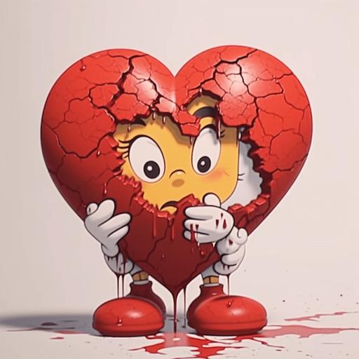 12. , crying retro sad heart character, big visible cracks, heart shattered pieces surrounding retro sad heart,