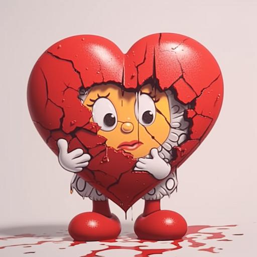 12. , crying retro sad heart character, big visible cracks, heart shattered pieces surrounding retro sad heart,