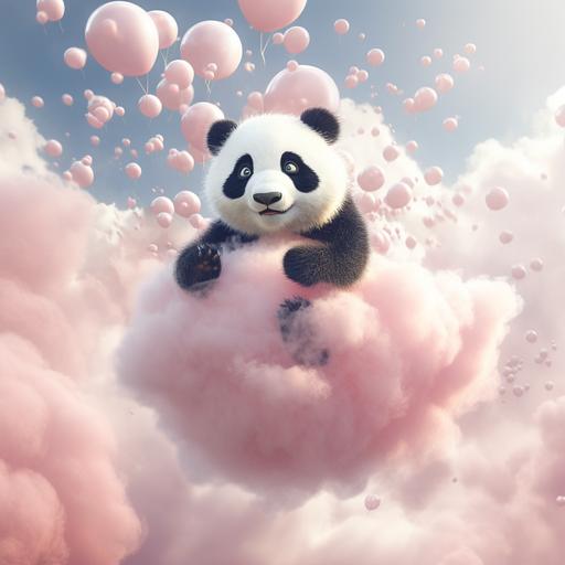 panda flying with globs on pink clouds