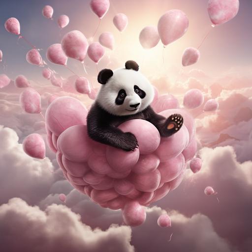 panda flying with globs on pink clouds