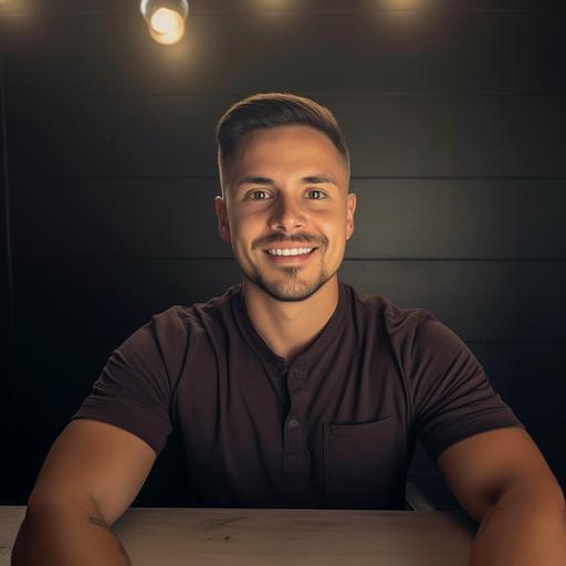 sitting at a modern desk looking into camera, wearing a plain black shirt, brown hair combed over with a high fade on the sides, hands on the table, clear skin texture, cinematic, warm, soft lighting, close portrait smiling, 24MM Lens, F/1.4,AR 9:16, in a realistic style