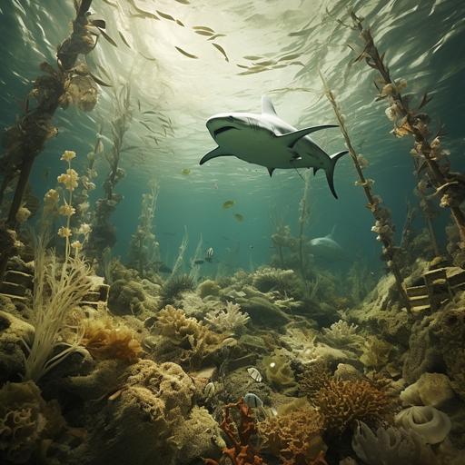 Cape Cod submerged under ocean covered in seaweed, shells, shark skeleton, seals --v 5.2