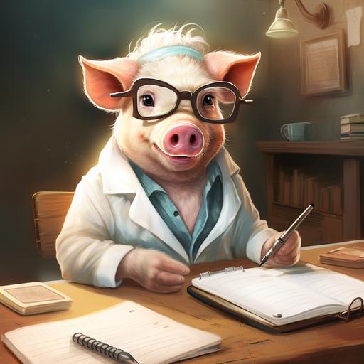 a female pig dressed up as a doctor writing a journal, cartoon illustration style