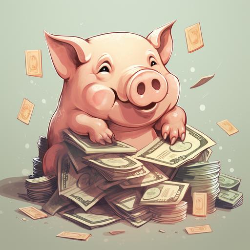 a female pig holding a lot of money, cartoon drawing style