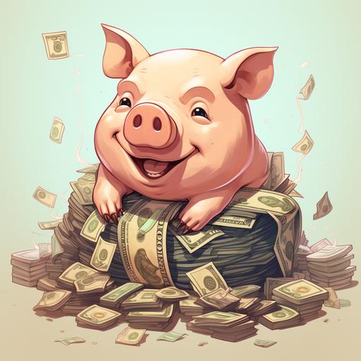 a female pig holding a lot of money, cartoon drawing style