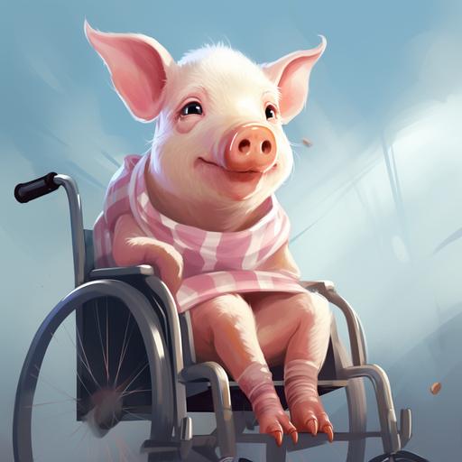a female pig in a wheelchair, cartoon illustration style