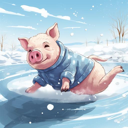 a female-pig wearing a sweater falling on slippery ice, cartoon drawing style