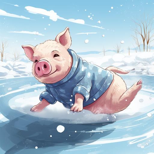 a female-pig wearing a sweater falling on slippery ice, cartoon drawing style