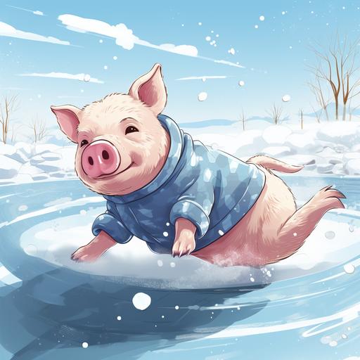 a female-pig wearing a sweater falling on slippery ice, cartoon drawing style