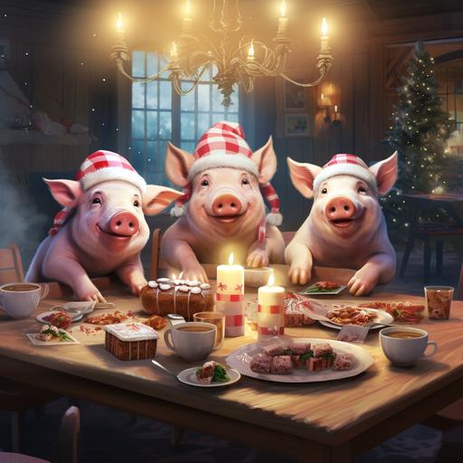 a group_of_female_pigs_having_christmas_dinner_at a dinner table, cartoon style