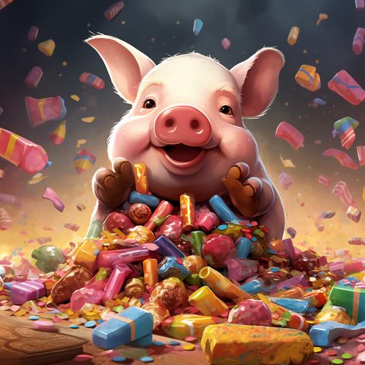 a pig eating a lot of candy, cartoon style
