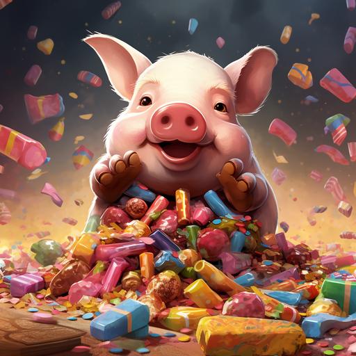 a pig eating a lot of candy, cartoon style