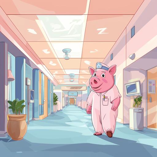 a pig walking out of a hospital, cartoon illustration style