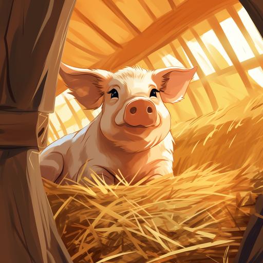 an adult pig playing in straw in a barn, cartoon drawing style