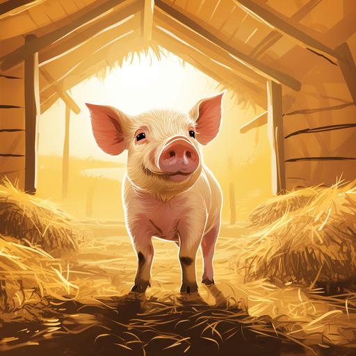 an adult pig playing in straw in a barn, cartoon drawing style