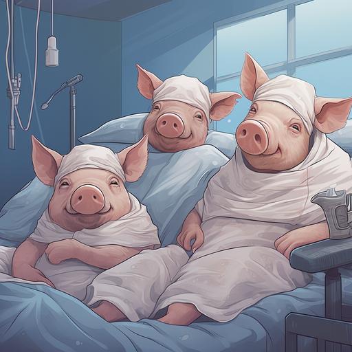three pigs lying in a hospital bed, cartoon illustration style