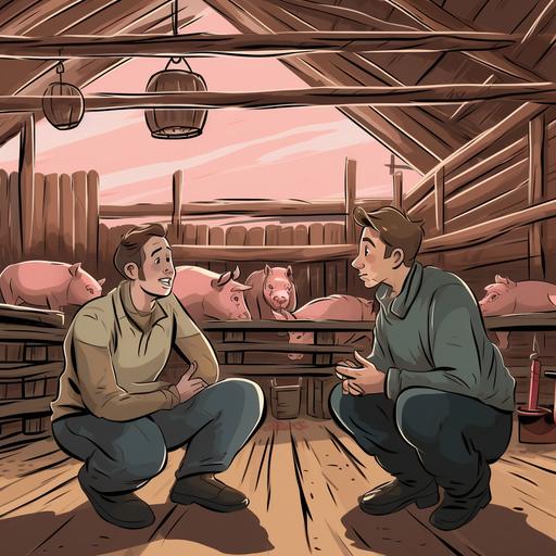 two people having a conversation in a barn with pigs, cartoon illustration style
