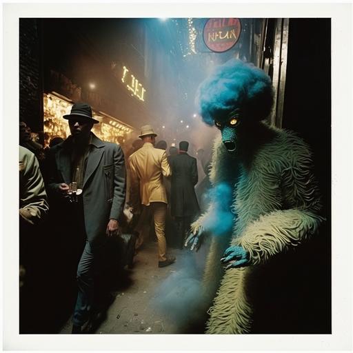 Vintage colour photograph, flash photography, new york, looks like a Hype Williams video, walking towards the camera, DJ leaving the night club, the DJ is 7ft and an furry squid with lazer eye, jaguar fur print organic style, insect alien, smoking a cigar, very scary, has two women on his arms, smoking, nighttime, 90's, lense flare, very busy