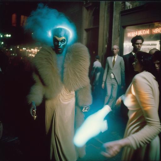 Vintage colour photograph, flash photography, new york, looks like a Hype Williams video, walking towards the camera, DJ leaving the night club, the DJ is 7ft and an furry squid with lazer eye, jaguar fur print organic style, insect alien, smoking a cigar, very scary, has two women on his arms, smoking, nighttime, 90's, lense flare, very busy