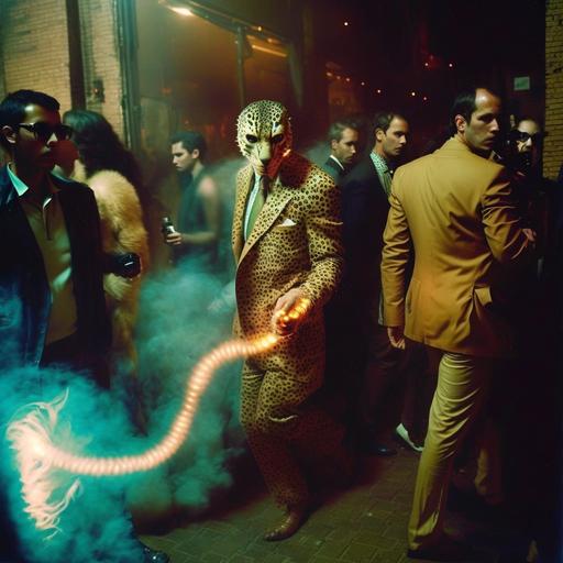 Vintage colour photograph, flash photography, new york, looks like a Hype Williams video, walking towards the camera, DJ leaving the night club, the DJ is 7ft and an furry squid with lazer eye, jaguar fur print organic style, insect alien, smoking a cigar, very scary, has two women on his arms, smoking, nighttime, 90's, lense flare, very busy