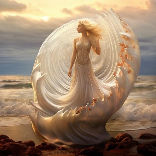 a big sea shell open, a Goddess aphrodite come out, with blond long hair, foot shell, whitesleeveless dress, small wist, the waves--ar2:3