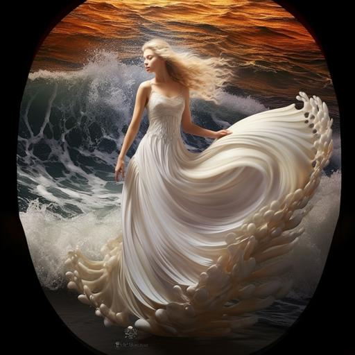 a big sea shell open, a Goddess aphrodite come out, with blond long hair, foot shell, whitesleeveless dress, small wist, the waves--ar2:3