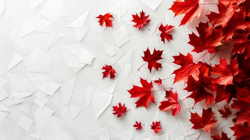 Canadian Flag, abstract solid red shapes, modern, white background, maple leaves --ar 16:9 --v 6.0