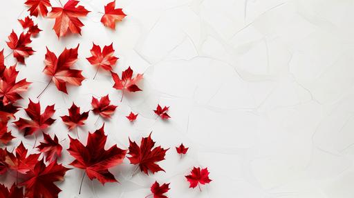 Canadian Flag, abstract solid red shapes, modern, white background, maple leaves --v 6.0 --ar 16:9
