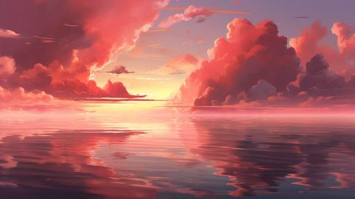 a serene seascape, calm water, pink cloudy sky, dreamy mood, cloudy background like anime clouds --ar 16:9 --v 5.1