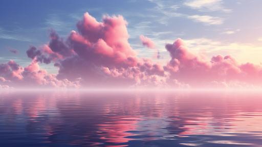 a serene seascape, calm water, pink cloudy sky, dreamy mood, cloudy background like anime clouds --ar 16:9 --v 5.1