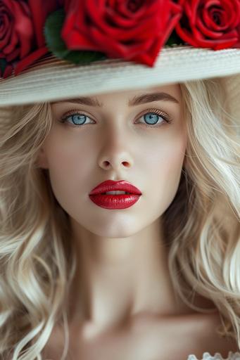 fashion photography, beautiful blonde woman, red lips, blue eyes, hat with red roses, art deco style, 8k, --v 6.0 --ar 2:3