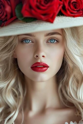 fashion photography, beautiful blonde woman, red lips, blue eyes, hat with red roses, art deco style, 8k, --ar 2:3 --v 6.0