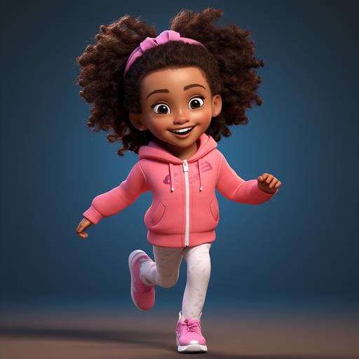 4d pixar disney like illustration of a beautiful 3 year old african American, big brown eyes, full lips, with pink clothing and sparkly gym shoes, two afro puff ponytails, joyful and inquisitive, high detail with multiple expressions, character sheet, –ar 2:3 –c 15