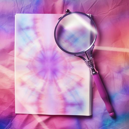 Pink, tan, brown purple colors tie dye background, with magnifying glass, notepad, gradient pattern, 4d pixar style