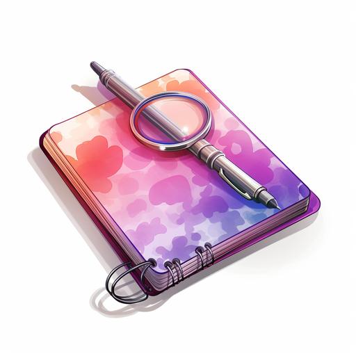Pink, tan, brown purple colors tie dye, with magnifying glass, notepad and pen for a 5 year old, in a gradient pattern, 4d pixar style