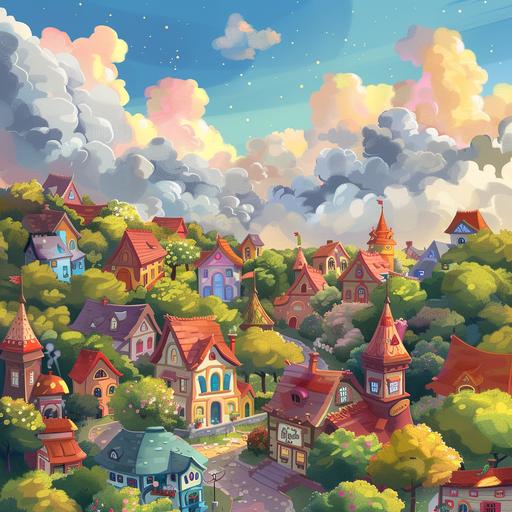 fairytale sky view of a town called harmonyville for a book cover, cartoon style,