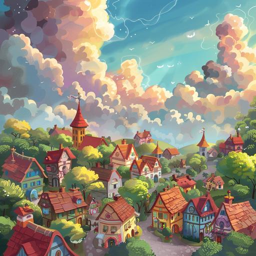fairytale sky view of a town called harmonyville for a book cover, cartoon style,