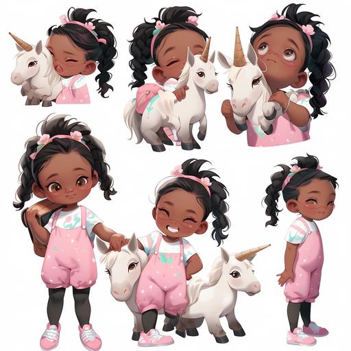 little african amerian girl, an imaginative big brown eyed little girl around 5 years old with 2 puff ponytails, white ribbons on those ponytails, pink overalls with a white undershirt with small unicorns on it, carrying a grey french bulldog stuffed animal, detailed character sheet, multiple poses and expressions, isolated on white background, character design, hyper-detailed, fine details,reference sheet --niji 5
