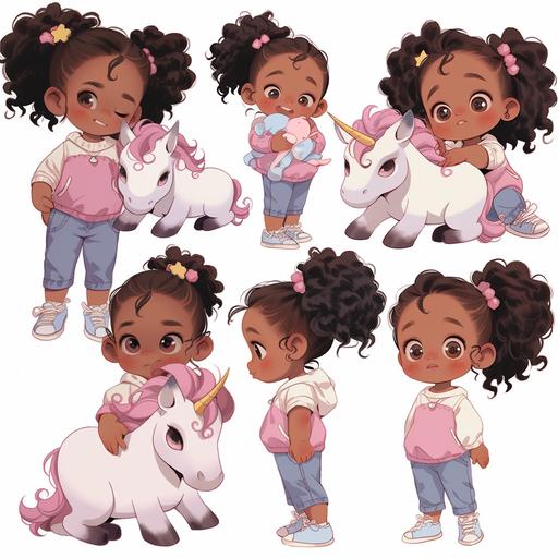little african amerian girl, an imaginative big brown eyed little girl around 5 years old with 2 puff ponytails, white ribbons on those ponytails, pink overalls with a white undershirt with small unicorns on it, carrying a grey french bulldog stuffed animal, detailed character sheet, multiple poses and expressions, isolated on white background, character design, hyper-detailed, fine details,reference sheet --niji 5